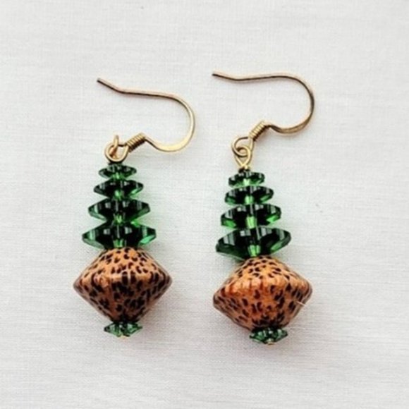Jewelry - Handcrafted Swarovski Crystal and Palm Wood Christmas Tree Earrings